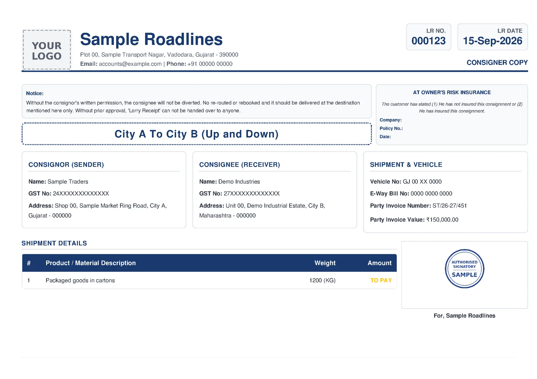 BilToz lorry receipt (LR) format sample: consigner copy with consignor, consignee, vehicle and goods details