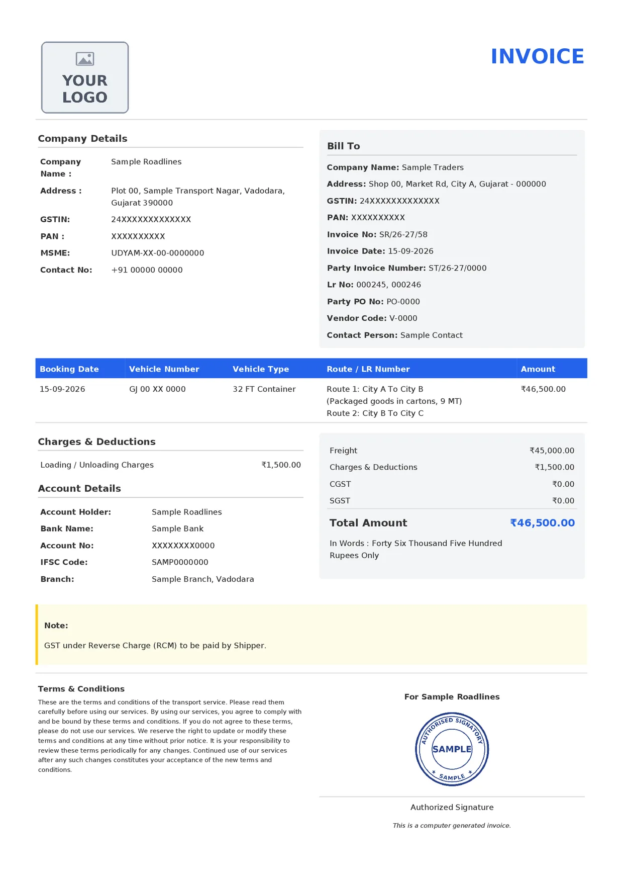 BilToz transport bill format sample: GST invoice with Bill To party, LR numbers, routes, charges, totals, bank details and signature stamp